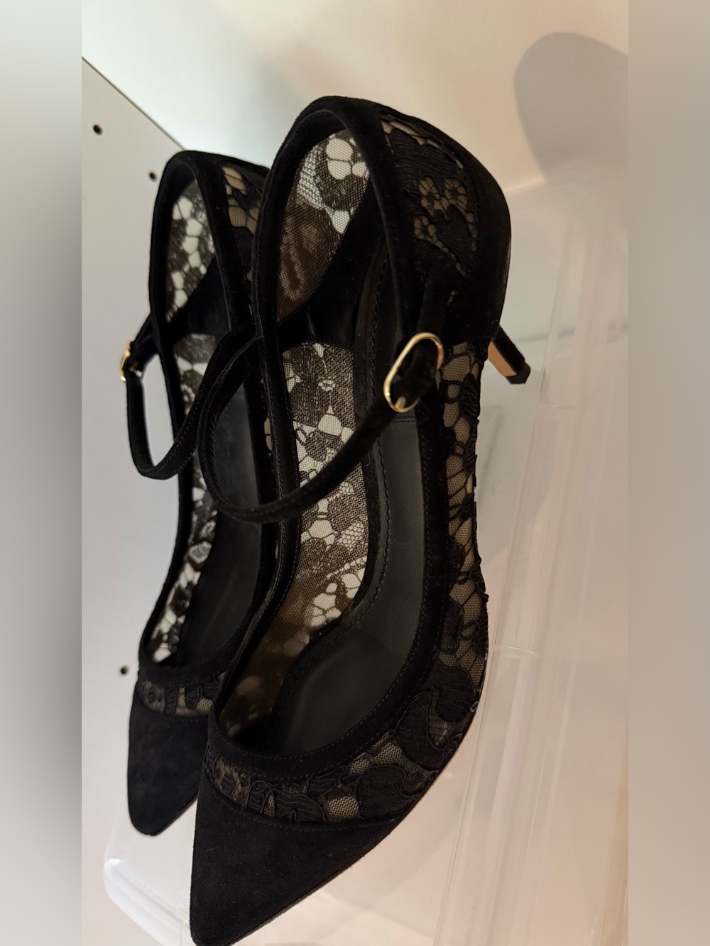 Dolce & Gabbana Black Lace Mary Jane Pumps with Suede Trim kitten heel - Picture 2 of 5